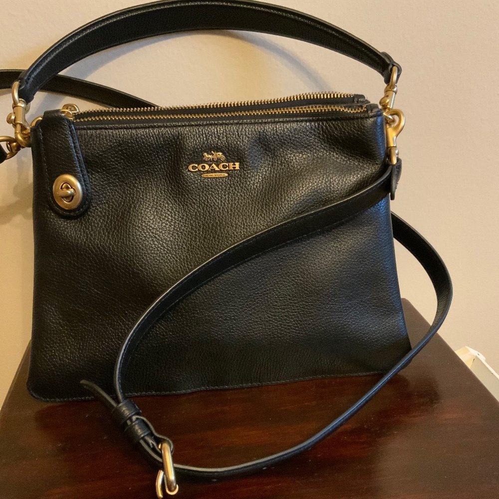Coach Double Zip Shoulder Bag C4645 Black Polished Pebble Leather